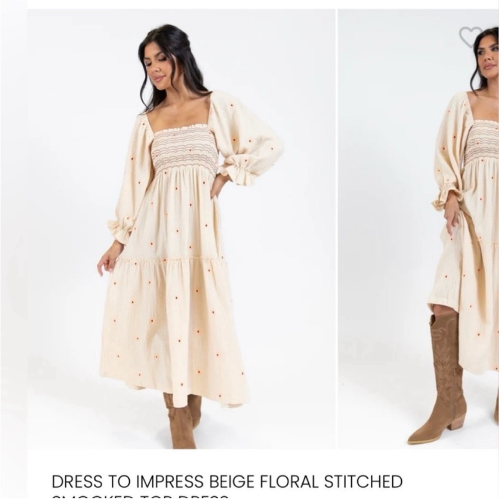 Chic Beige Floral Long Sleeve Dress
